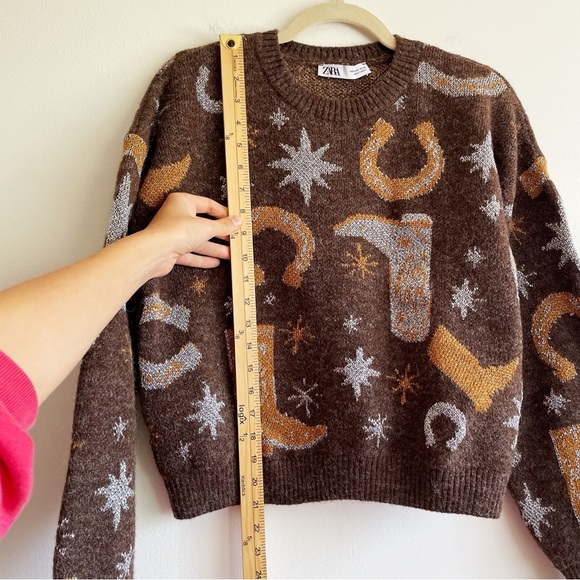 ZARA Western Cowboy Boot Nashville Horseshoe Sweater Brown Metallic Jacquard S - Picture 7 of 11